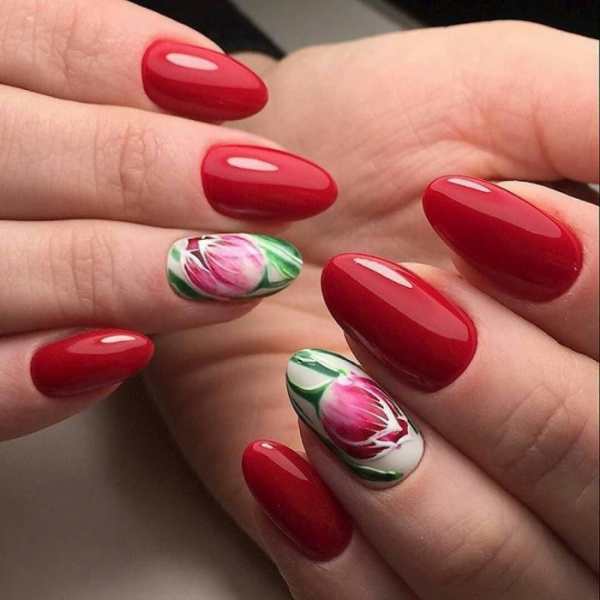 Бордовые ногти с тюльпанами (55 изображений)
