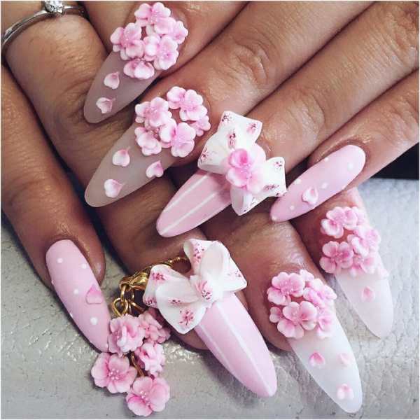 Розовые ногти с цветами (65 фото)